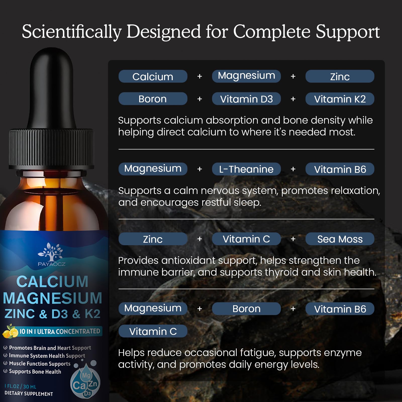 (4 Pack) 10 in 1 Calcium Magnesium Zinc Supplement, Magnesium Glycinate Complex Liquid Drops with Vitamin D3 K2 B6, Vegan Calcium Citrate Bone & Immune Health Support, Sleep & Cramps, Boron, 1 Fl Oz