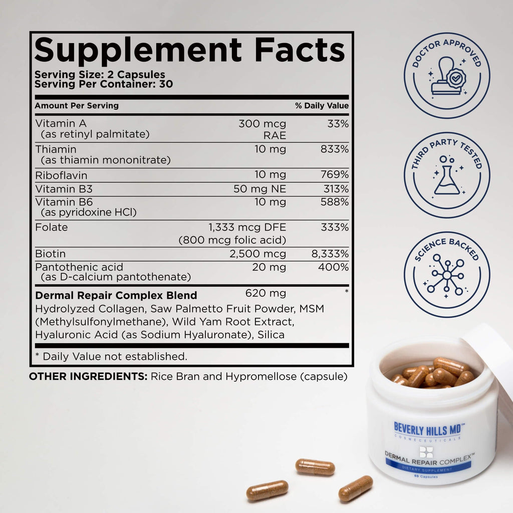 Beverly Hills MD Dermal Repair Anti-Aging Supplement - Hyaluronic Acid, Collagen, Vitamins for Smooth, Plump Skin