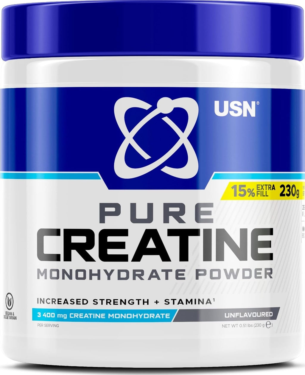 USN Micronised Creatine Powder 230g (67 Servings): 100% Pure Creatine Monohydrate Powder for Performance and Muscle Recovery, Suitable for Vegans - Unflavoured