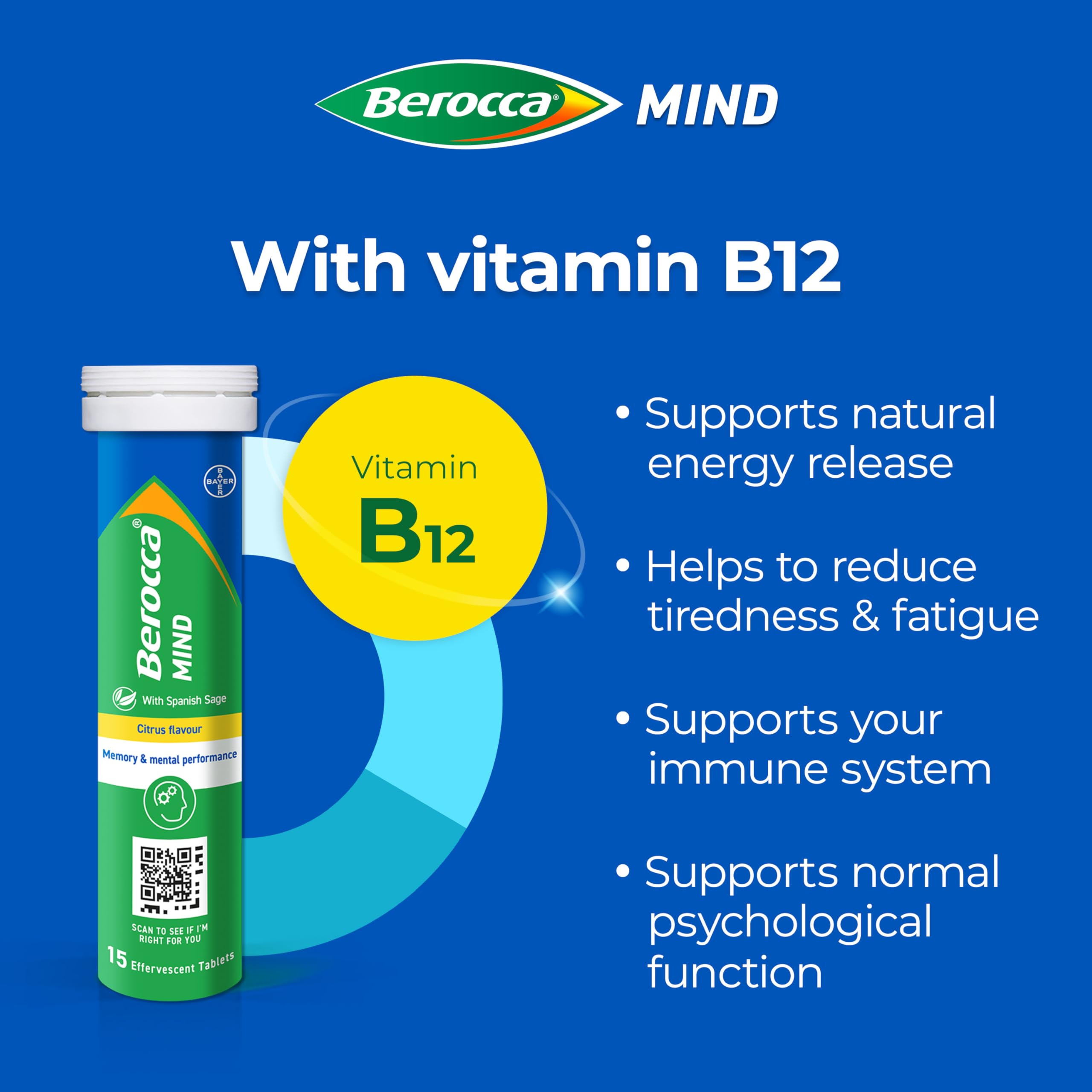 Berocca Mind Effervescent Tablets Including B Vitamins, with Spanish Sage to Support Memory and Mental Performance - 15 Tablets - Citrus Flavour