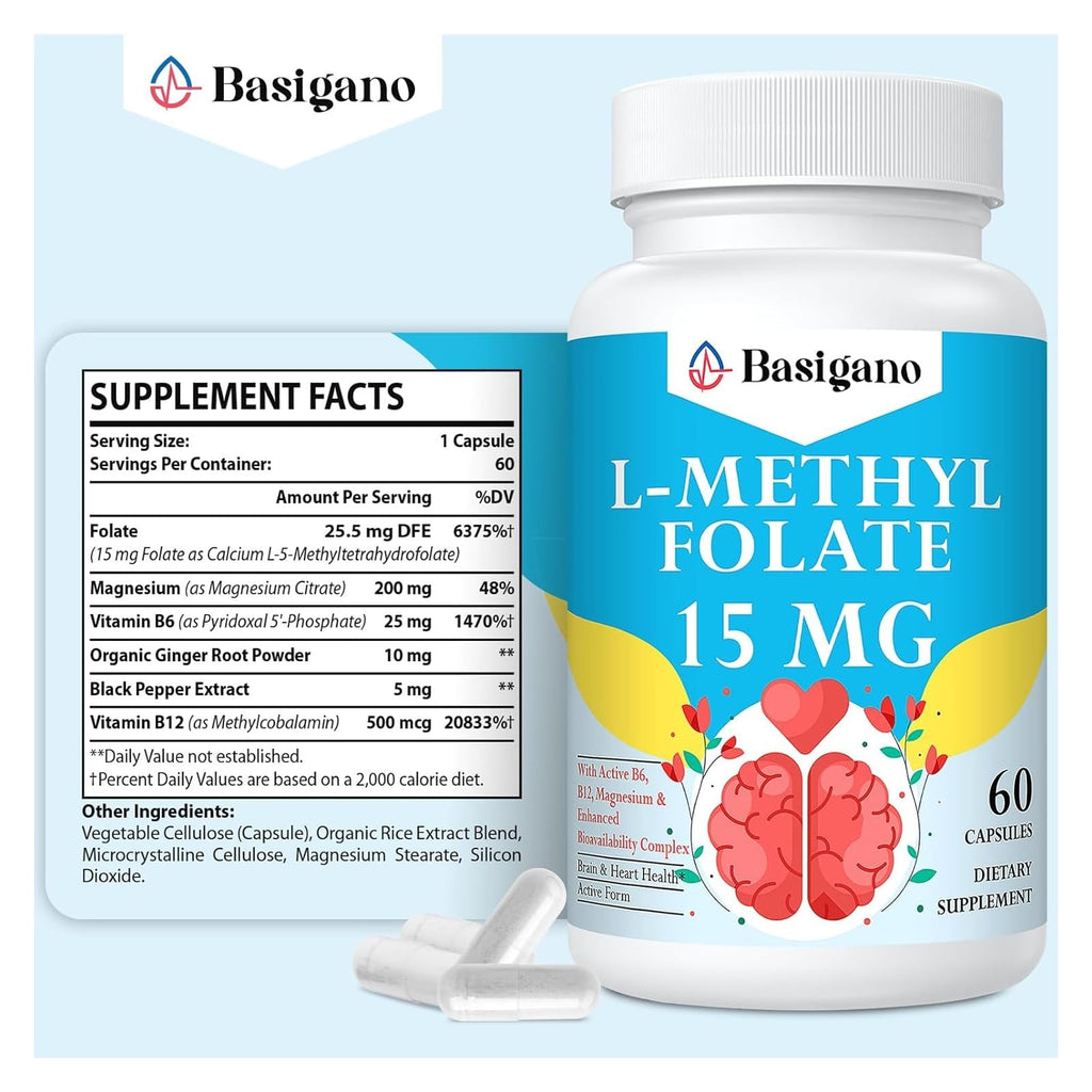 Basigano 15mg L Methylfolate (5-MTHF)- Active Folic Acid-Enriched with Vitamins B6 and B12-60 Vegetarian Capsules - Non-GMO, Gluten-Free