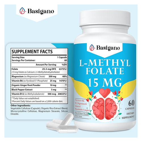 Basigano 15mg L Methylfolate (5-MTHF)- Active Folic Acid-Enriched with Vitamins B6 and B12-60 Vegetarian Capsules - Non-GMO, Gluten-Free