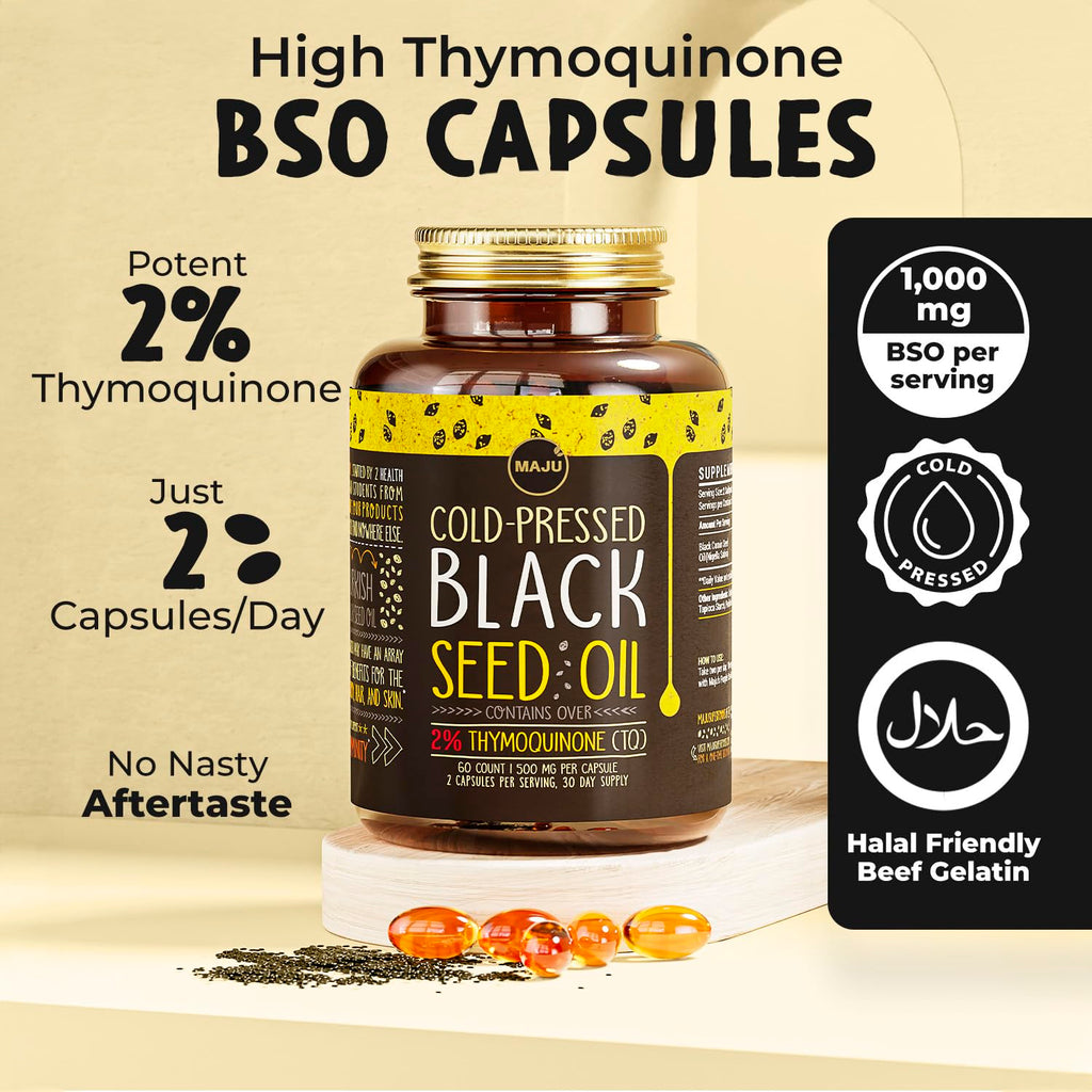 Maju Superfoods Black Seed Oil Capsules - Cold Pressed, 3X Thymoquinone, 100% Turkish Black Cumin Nigella Sativa Seed Oil, Liquid Pure Blackseed 60 Count, 500mg per Capsule