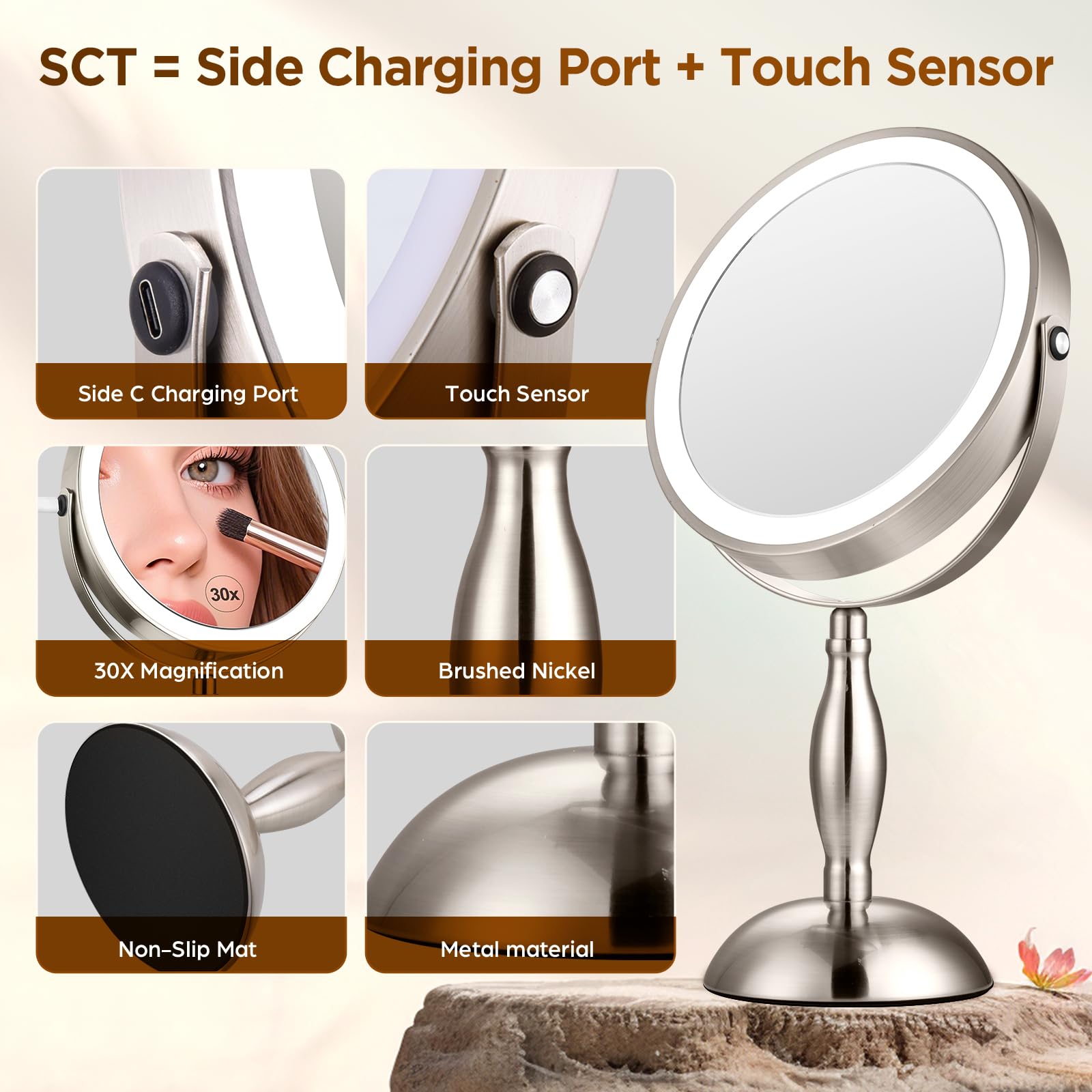 Makeup Mirror with Light - Brushed Nickel, 30x Makeup Mirror with 3 Colors