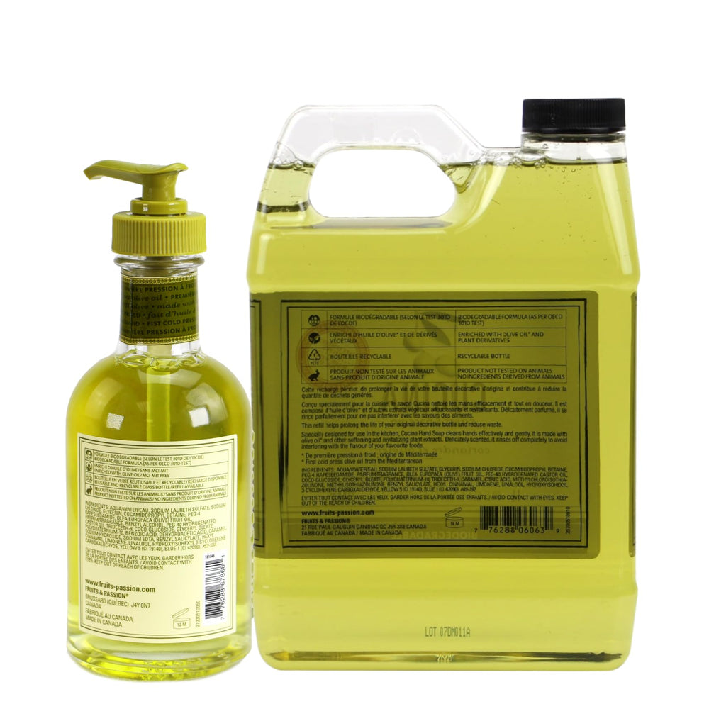 Cucina Fruits & Passion Coriander and Olive Tree Hand Soap Set, 6.7 fl oz Glass Bottle and 33.8 fl oz Refill, Made in Canada