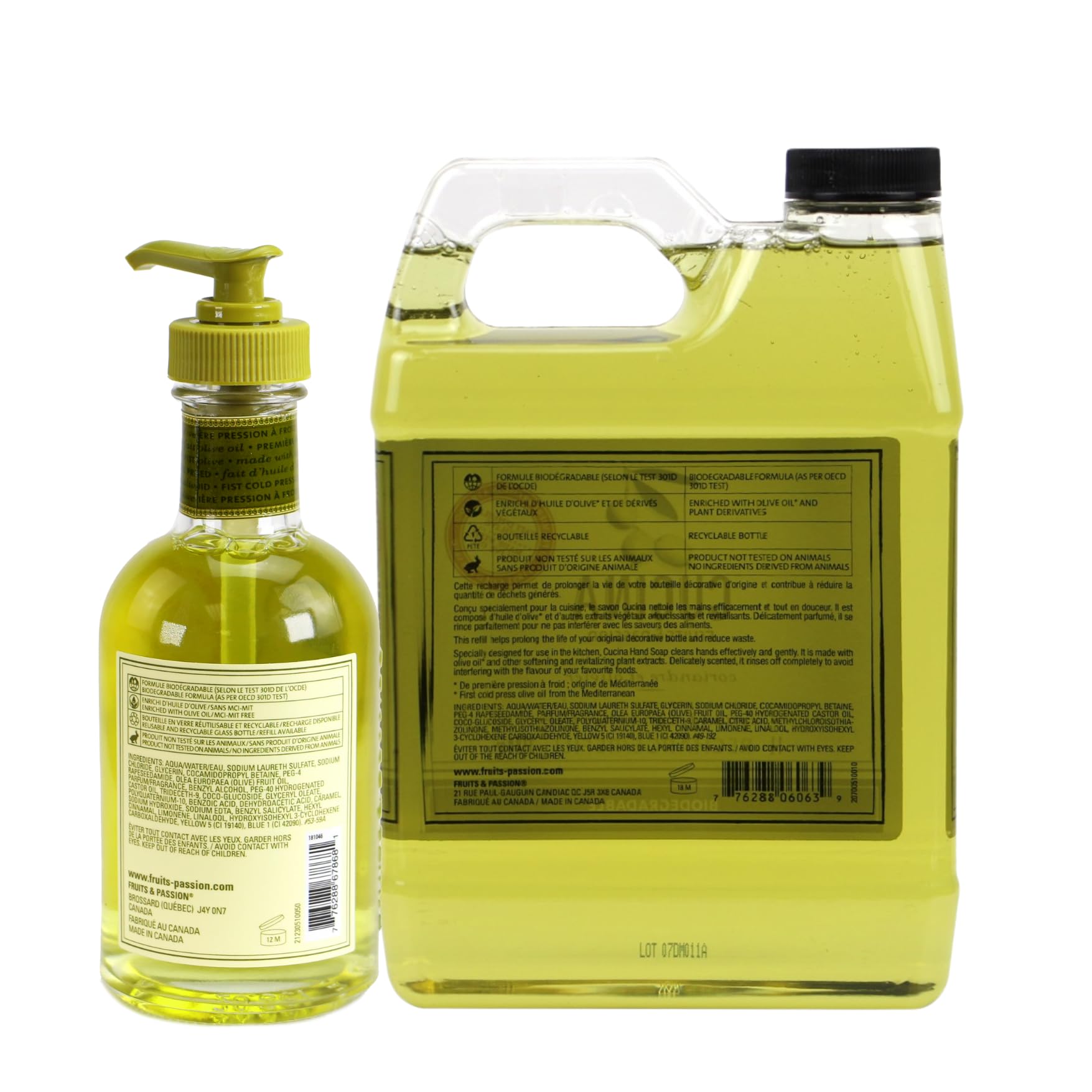 Cucina Fruits & Passion Coriander and Olive Tree Hand Soap Set, 6.7 fl oz Glass Bottle and 33.8 fl oz Refill, Made in Canada