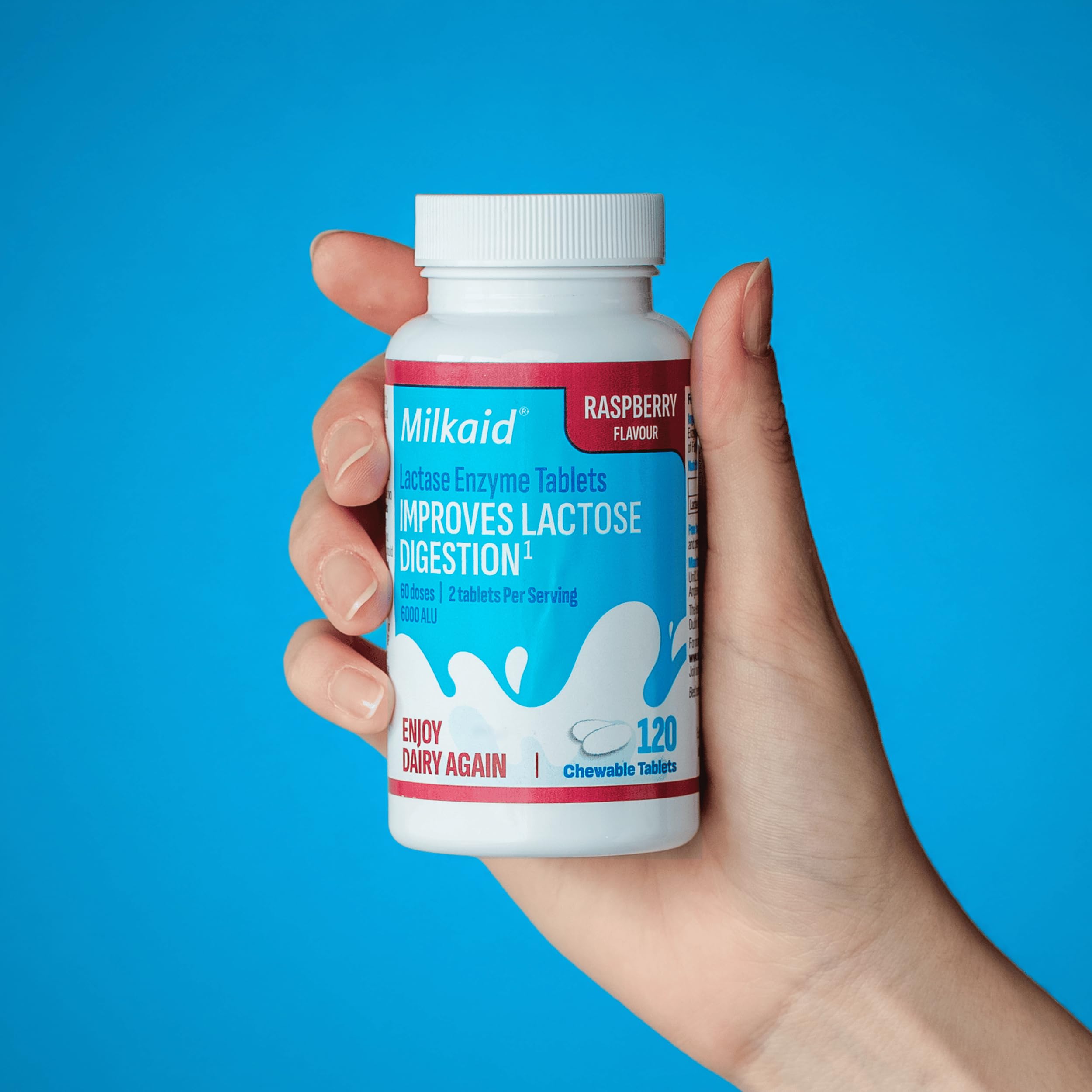 Milkaid Lactase Enzyme Chewable Tablets for Lactose Intolerance Relief | Prevents Gas, Bloating & Diarrhea | Fast Acting Dairy Digestive Supplement (120 Tablets, Raspberry)