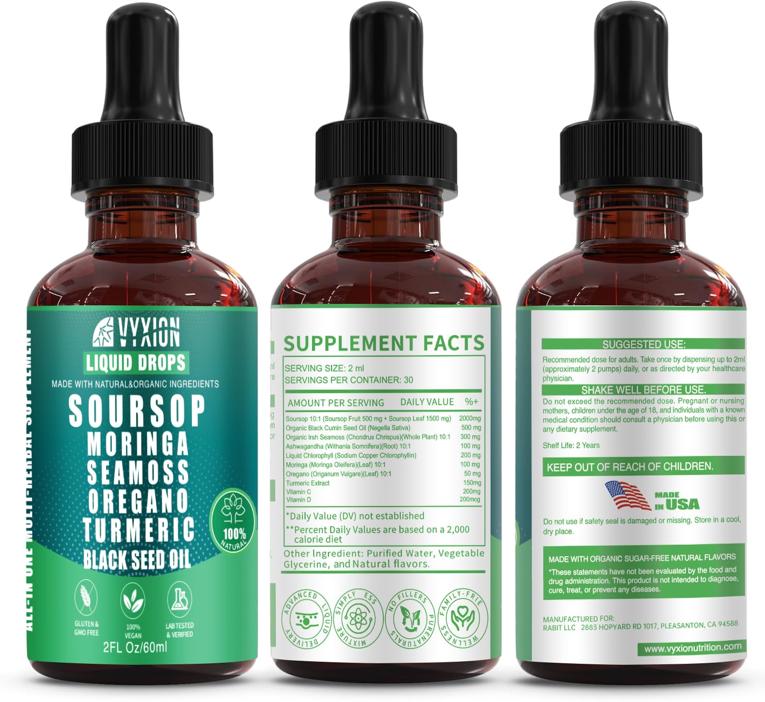 Soursop Pure Liquid Drops 10 in 1 with Sea Moss, Moringa, Turmeric, Black Seed Oil, Oregano, Ashwagandha | Herbal extracts for Overall Health | Vegan, Non-GMO | 4 Fl Oz
