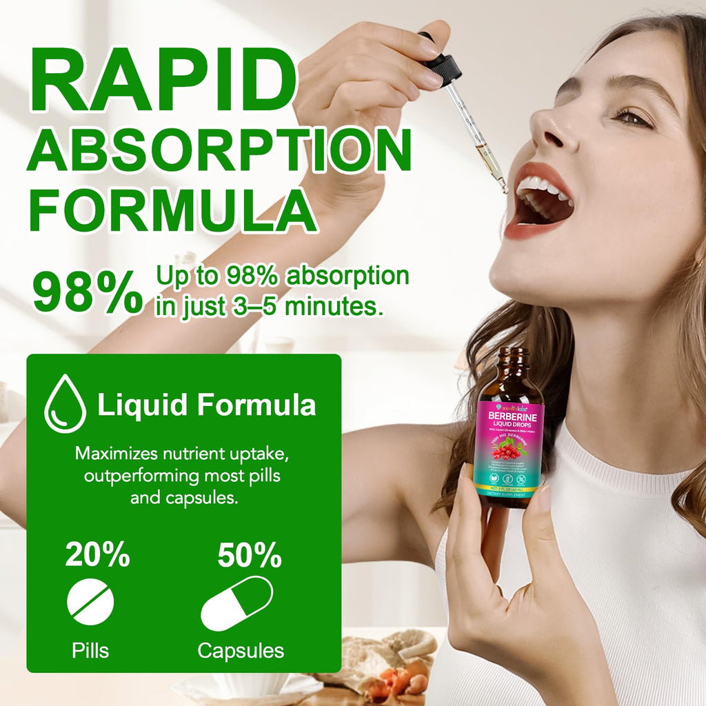 Berberine Supplement Liquid Drops, High Strength Berberine Liquid Drops with Ceylon Cinnamon, Bitter Melon, Immune and Digestive Support, Pineapple Flavor - Vegan & Sugar-Free, 60ml