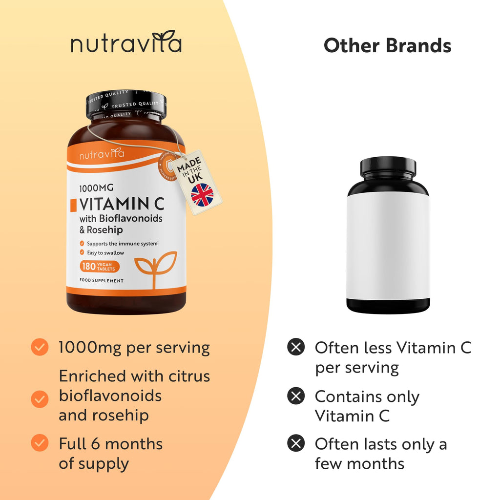 Nutravita Vitamin C 1000mg Tablets - 180 Vegan 1000mg Vitamin C Tablets not Capsules or Powder - 6 Months - High Strength Ascorbic Acid - Bioflavonoids & Rosehip - Immune Support - Made in UK