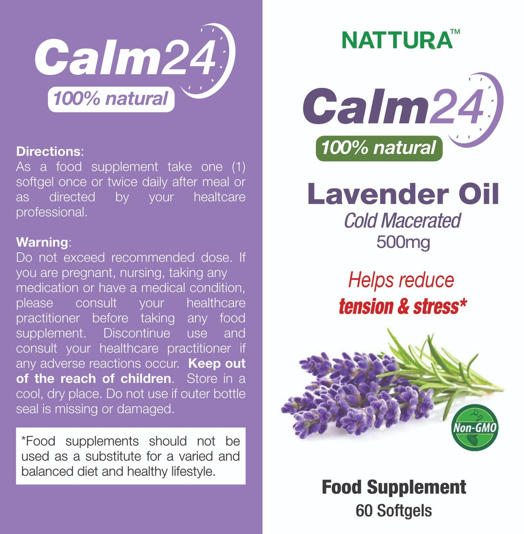 Nattura Calm Aid Lavender Oil Pills - 500mg - 60 Softgels - 100% Natural, Helps Reduce Stress, Calming for Body & Mind, Non-GMO, Certified Kosher