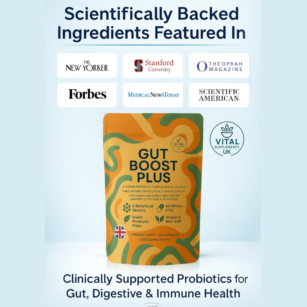 Gut Boost Plus – 5-Strain Probiotic & Inulin Prebiotic | 60 Billion CFU | Digestive Balance, Gut Flora & Immune Support | Slow-Release Vegan Capsules | UK Manufactured Supplement, 60 Capsules
