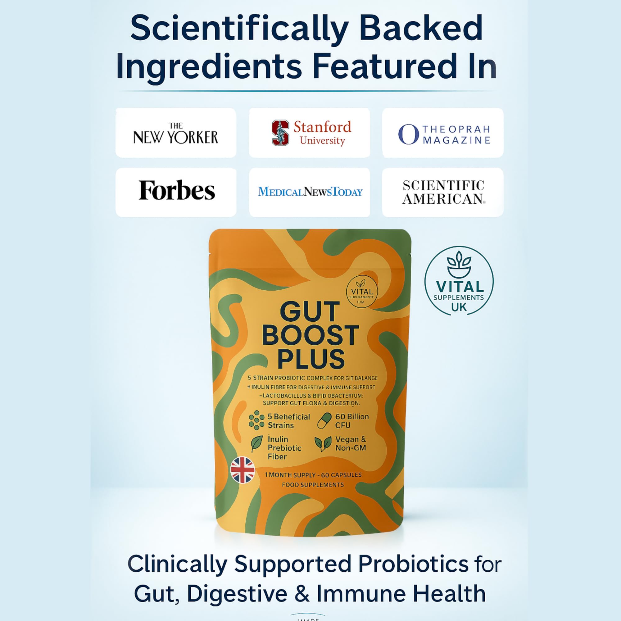 Gut Boost Plus – 5-Strain Probiotic & Inulin Prebiotic | 60 Billion CFU | Digestive Balance, Gut Flora & Immune Support | Slow-Release Vegan Capsules | UK Manufactured Supplement, 60 Capsules