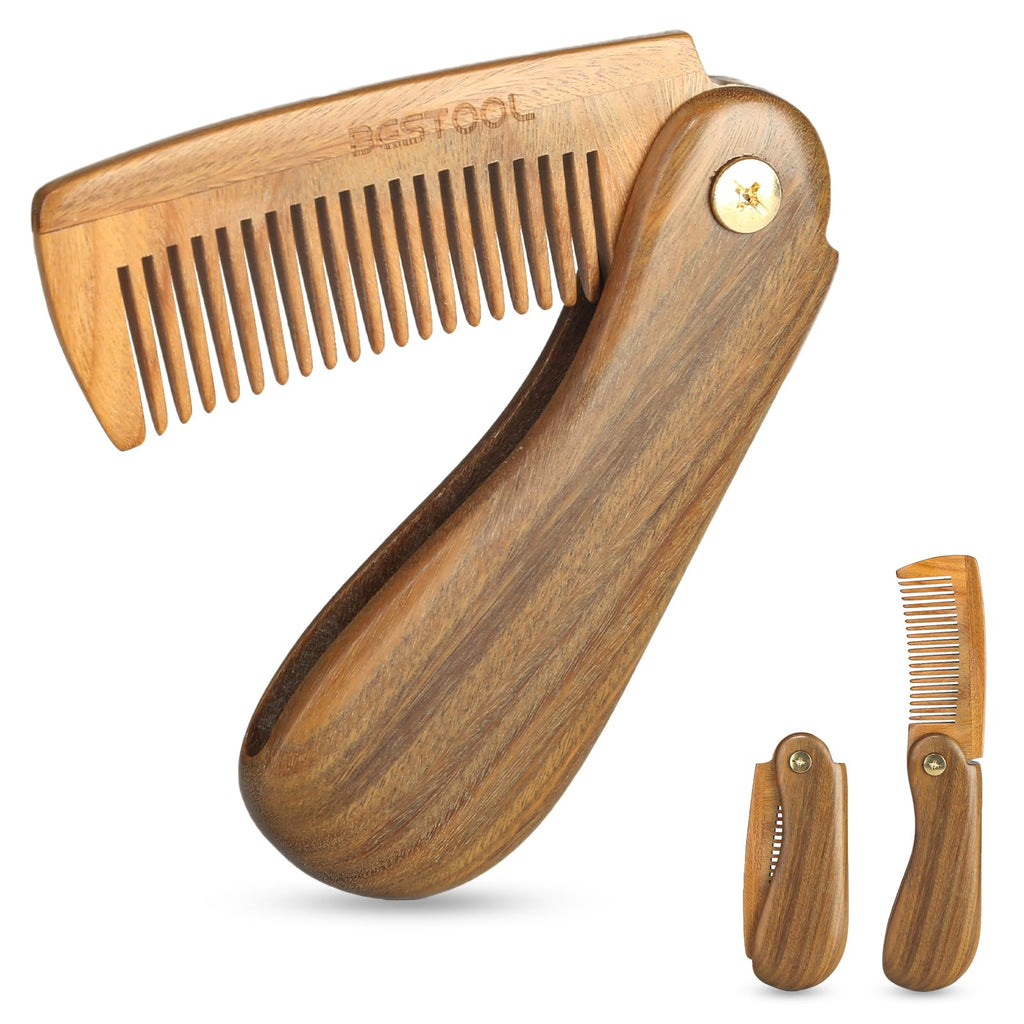 BESTOOL Foldable Green Sandalwood Comb for Men's Grooming & Combing Hair, Beards & Mustaches, Antistatic, Naturally Scented Detangling Comb