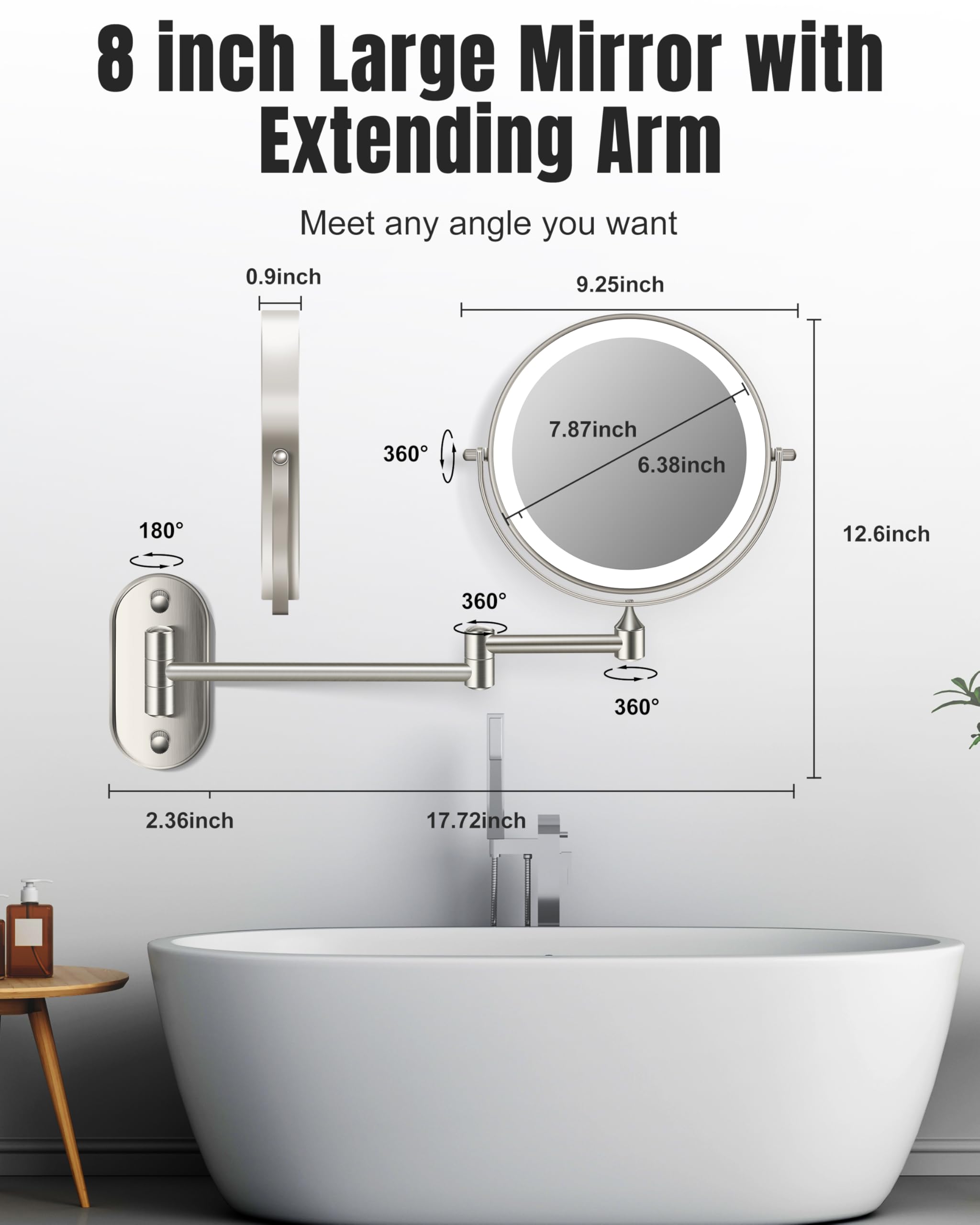 Wall Mounted Makeup Mirror with Light, 30X/1X 8'' Double Sided LED Magnifying Bathroom Lighted Vanity Mirror with Magnification, 3 Color Light up Touch Dimmable Extended Arm 360 Rotation