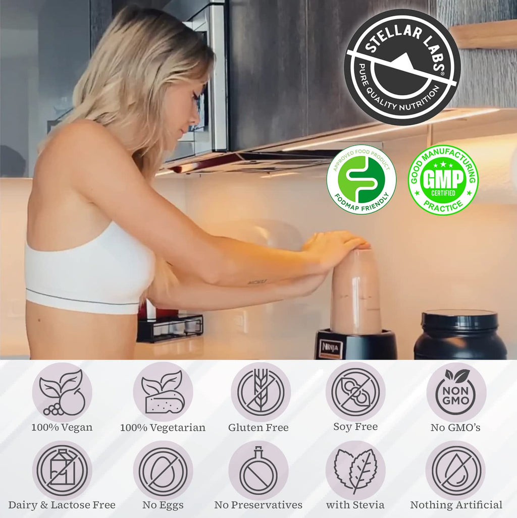 Stellar Labs Vegan Protein Powder with BCAA's & Antioxidants | Certified Low FODMAP, Non GMO, Gluten Free, Soy Free, Low Carb, with Stevia | Lean Plant Based Protein Powder Shakes | Chocolate