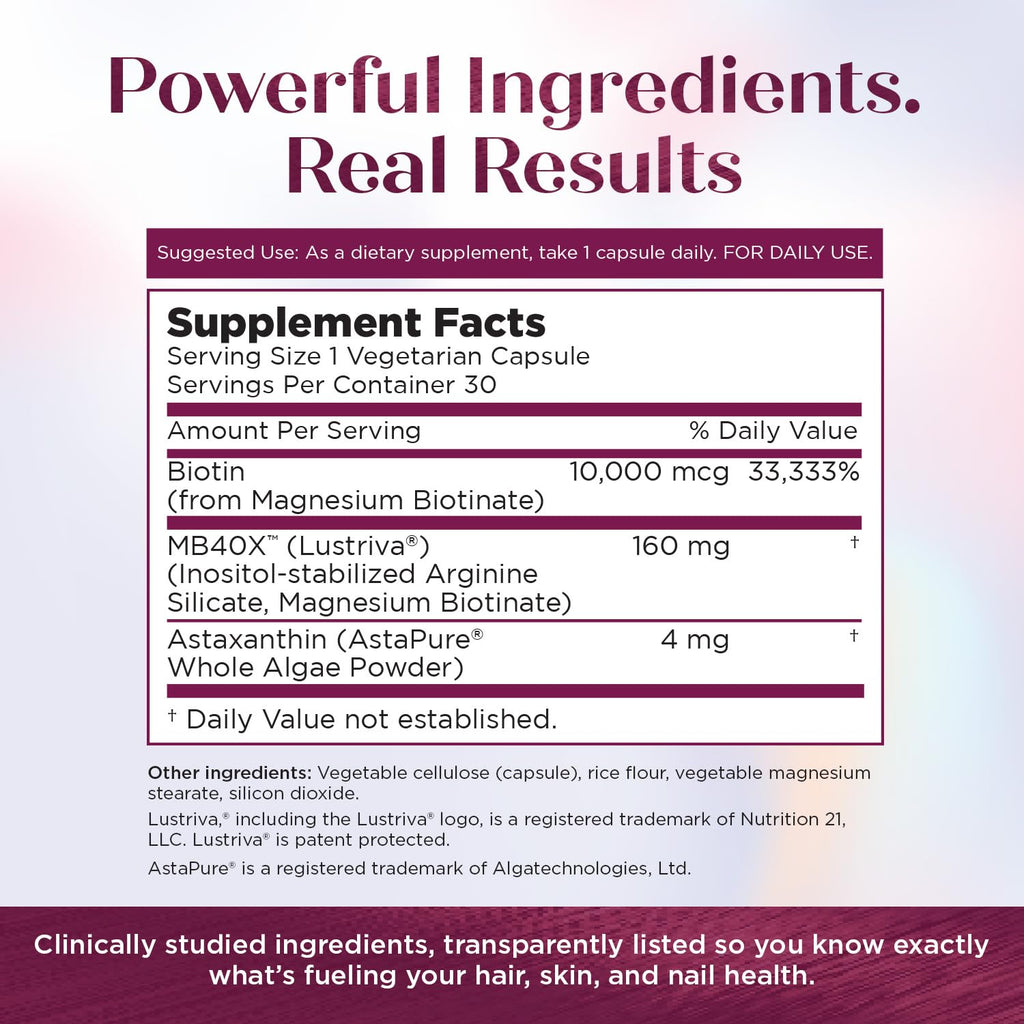 Purity Products - MyBiotin ProClinical - Thicker Hair in 3 Weeks & Fights Wrinkles - MB40X Patented Biotin Vitamin B7 Matrix w/Astaxanthin - 40X More Soluble vs Ordinary Biotin, 30 Veg Capsules