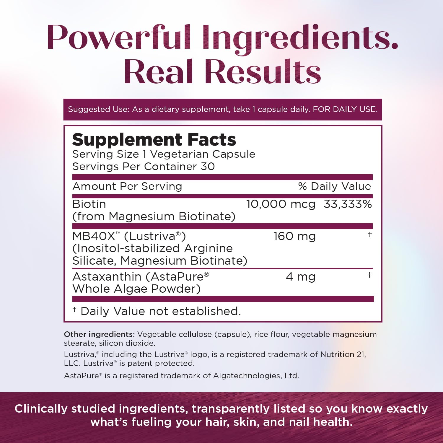 Purity Products - MyBiotin ProClinical - Thicker Hair in 3 Weeks & Fights Wrinkles - MB40X Patented Biotin Vitamin B7 Matrix w/Astaxanthin - 40X More Soluble vs Ordinary Biotin, 30 Veg Capsules