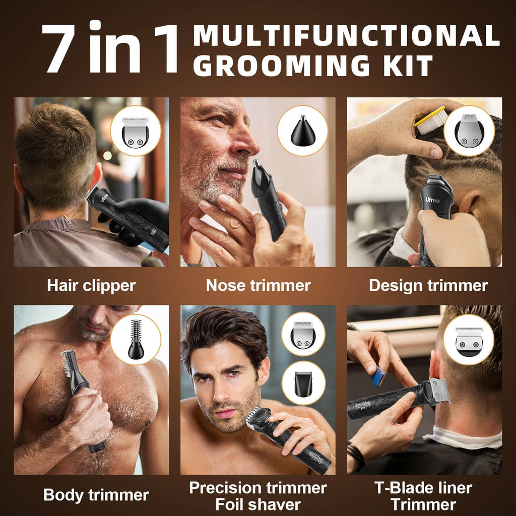 Ufree Beard Trimmer for Men, Electric Razor Shavers, Cordless Hair Clippers, 7 in 1 Beard Grooming Kit for Mustache, Body, Nose and Facial, Gifts for Men