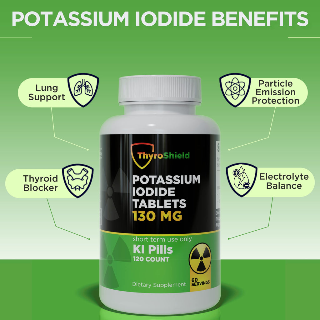 Potassium Iodide Tablets 130 mg | 120ct KI Tablets - Nuclear Radiation Protection - Potassium Iodine Pills - YODO Naciente - KI Pills - USA - ThyroShield