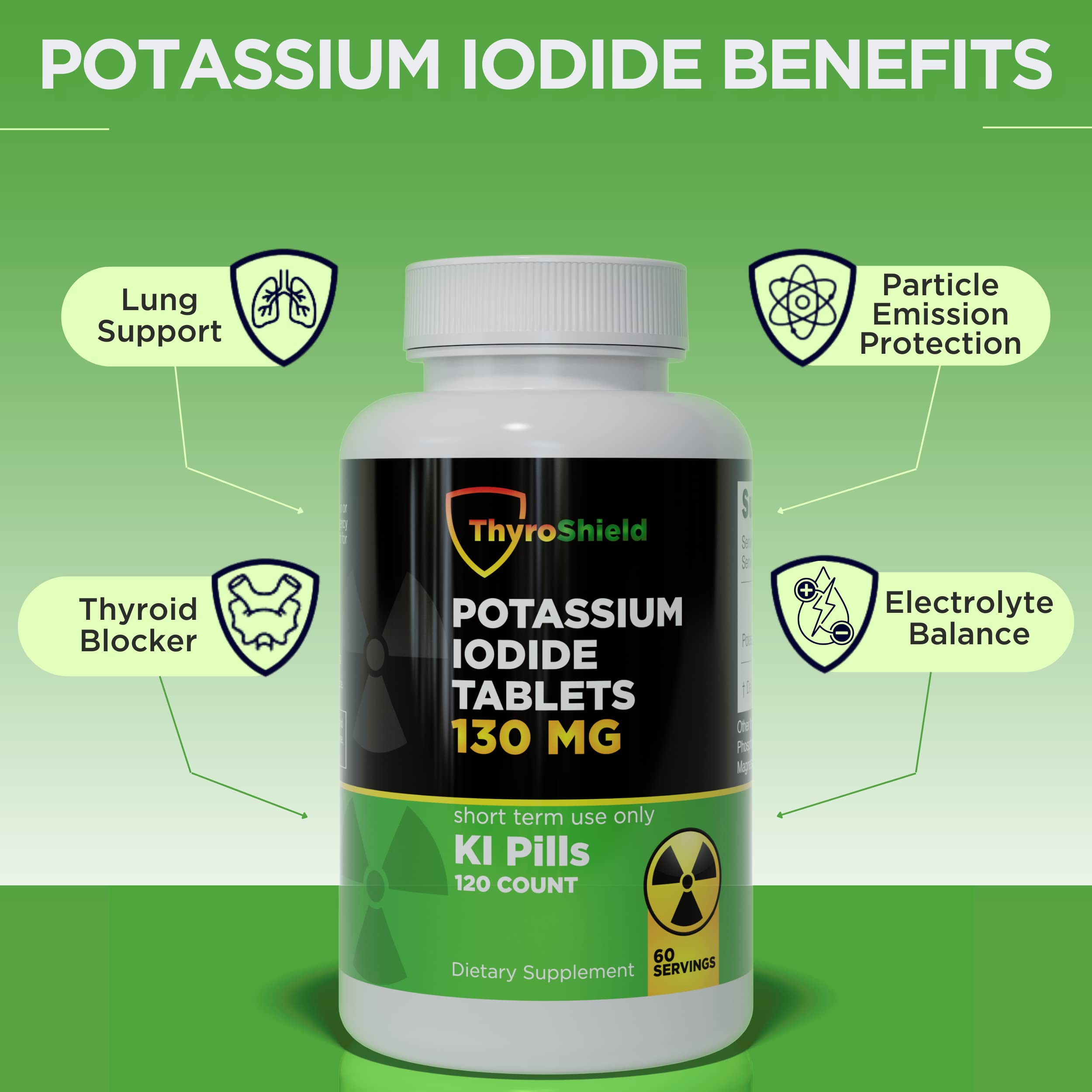 Potassium Iodide Tablets 130 mg | 120ct KI Tablets - Nuclear Radiation Protection - Potassium Iodine Pills - YODO Naciente - KI Pills - USA - ThyroShield
