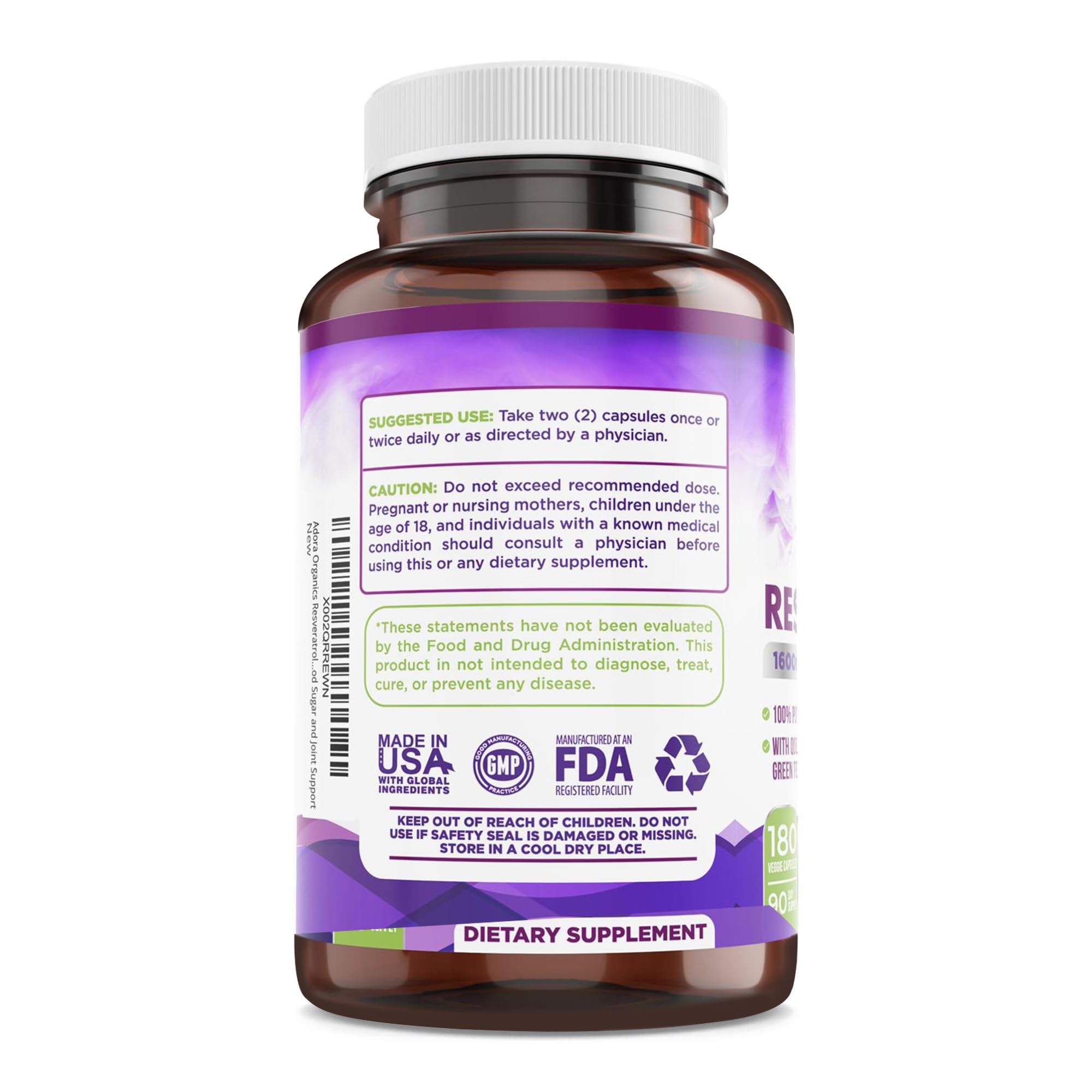 Resveratrol 1600mg - 180 Capsules | Trans-Resveratrol Antioxidant Supplement with Natural Green Tea, Grape Seed Polyphenols & Quercetin, Supports Digestive, Heart Health, Immune System, Brain Function