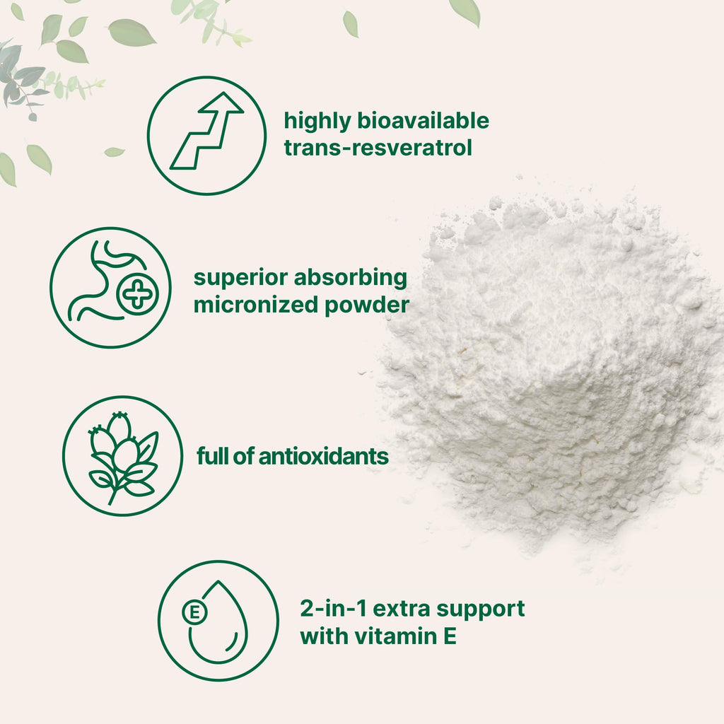 Pure Trans-Resveratrol Powder with Vitamin E, 5 Ounce, 2 in 1 Formula, Micronized Powder for Better Absorption, Premium Resveratrol Supplement, Super Antioxidant