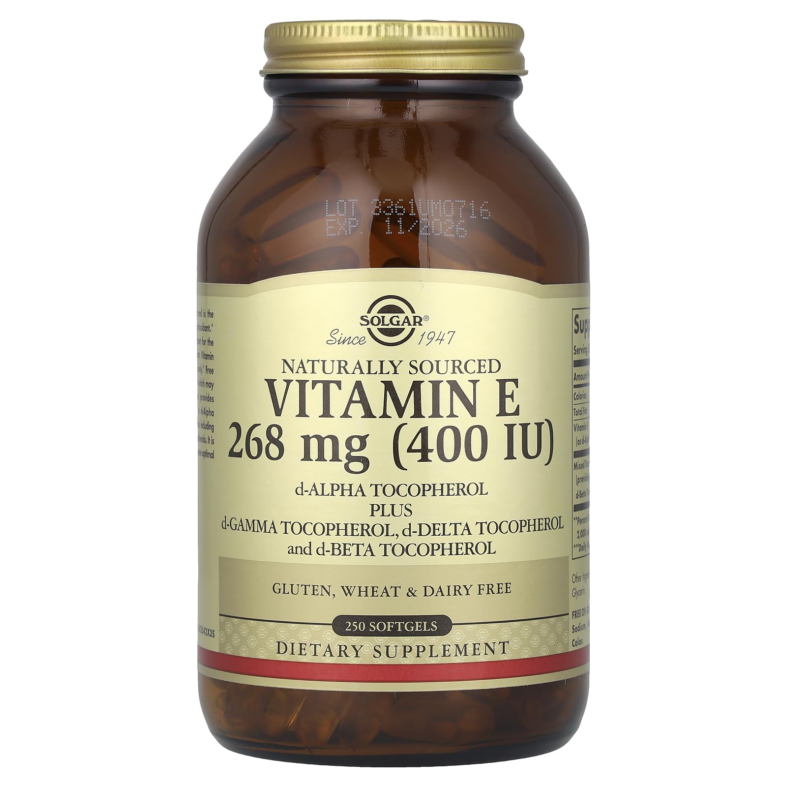 Solgar Vitamin E, d-Alpha Tocopherol Plus d-Gamma Tocopherol, d-Delta Tocopherol and d-Beta Tocopherol, 268 mg (400 IU), 250 Softgels