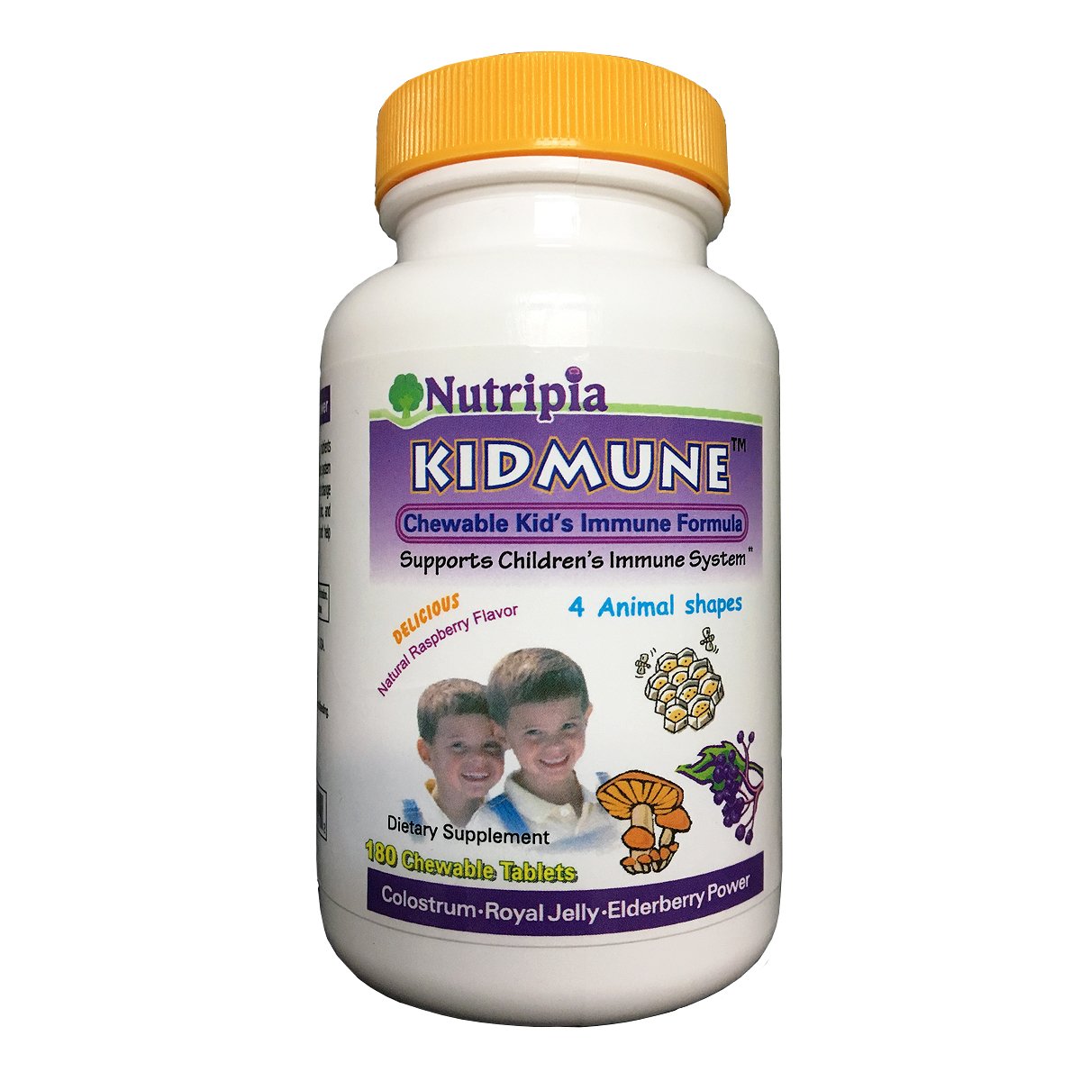 Nutripia Kidmune Kids Immune Support Supplement - 180 Chewable Mini Tablets with Elderberry, Colostrum, Propolis, Beta Glucan, Astragalus, Vitamin C, D, Zinc - Fun 4 Animal Shapes!