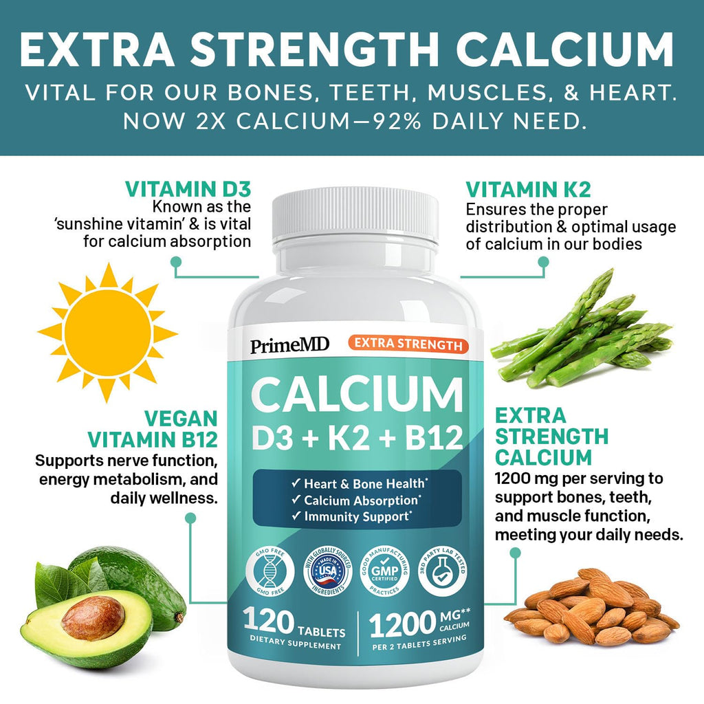 4-in-1 Calcium 1200 mg with Vitamin D3 K2 - Extra Strength Calcium Supplements for Women & Men with D3 K2 Vitamin 5000 IU - Everyday Vitality Supplement - Vegan-Friendly, Gluten-Free, Non-GMO (120ct)