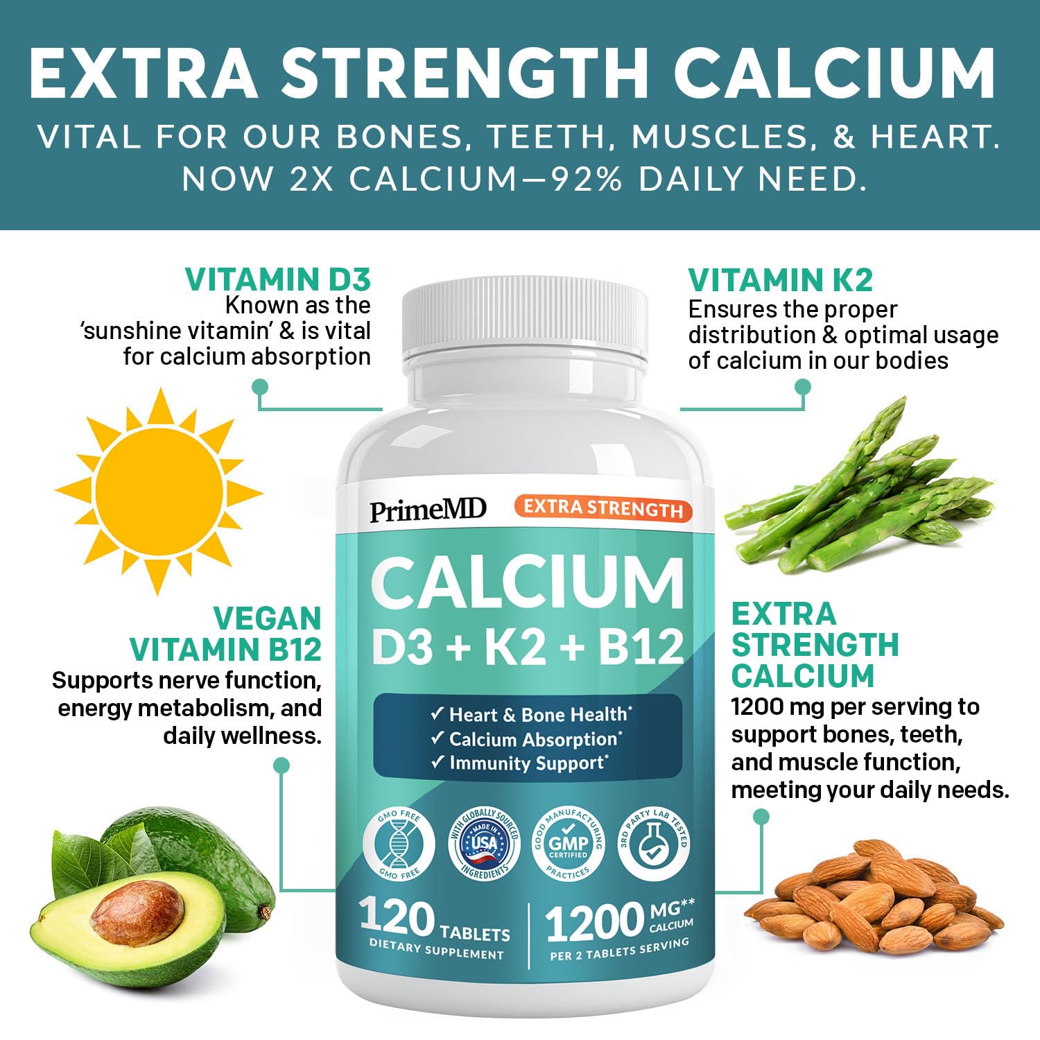 4-in-1 Calcium 1200 mg with Vitamin D3 K2 - Extra Strength Calcium Supplements for Women & Men with D3 K2 Vitamin 5000 IU - Everyday Vitality Supplement - Vegan-Friendly, Gluten-Free, Non-GMO (120ct)
