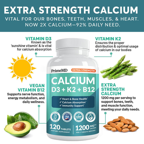 4-in-1 Calcium 1200 mg with Vitamin D3 K2 - Extra Strength Calcium Supplements for Women & Men with D3 K2 Vitamin 5000 IU - Everyday Vitality Supplement - Vegan-Friendly, Gluten-Free, Non-GMO (120ct)