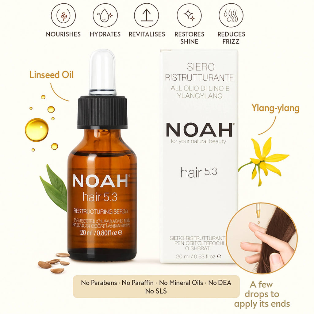 NOAH Hair 5.3 Restructuring Hair Serum – Ylang-Ylang & Linseed Oil, Repairs Dry, Brittle & Damaged Hair, Anti-Frizz, Split End Protection & Shine-Boosting Treatment, SLS-Free, Lightweight, 20ml