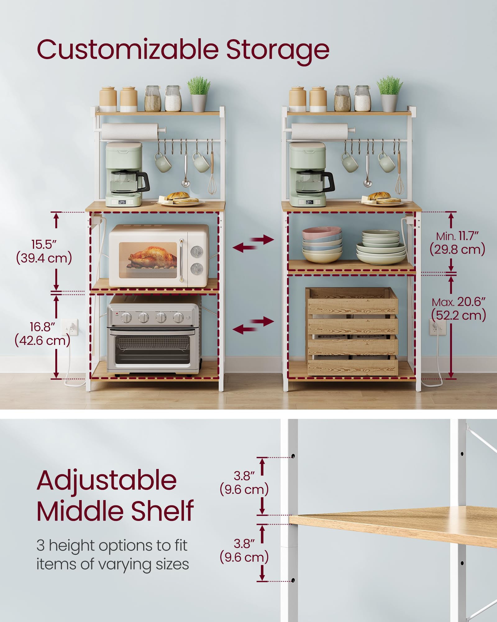 VASAGLE UKKS014Y01V1 Kitchen Bakery Shelf with Power Outlet, 4 Tier with 8 S Hooks, Adjustable Shelf for Small Spaces, Golden Oak and Cloud White
