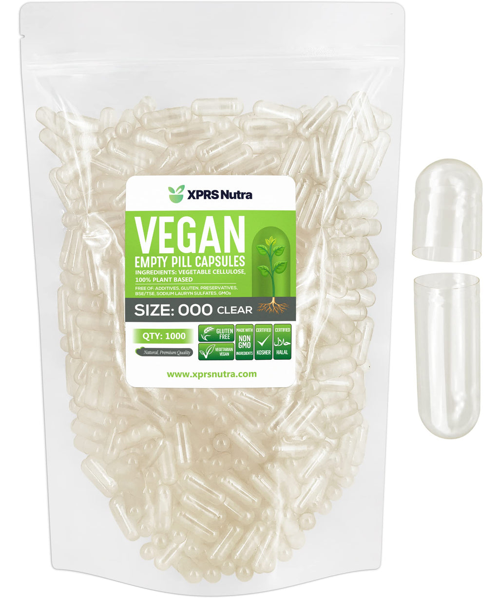 XPRS Nutra Vegan Size 000 Empty Capsules - 1000 Count Clear Empty Vegan Capsules - Vegetarian - DIY Vegetable Capsule Filling - Veggie Pill Caps Pills