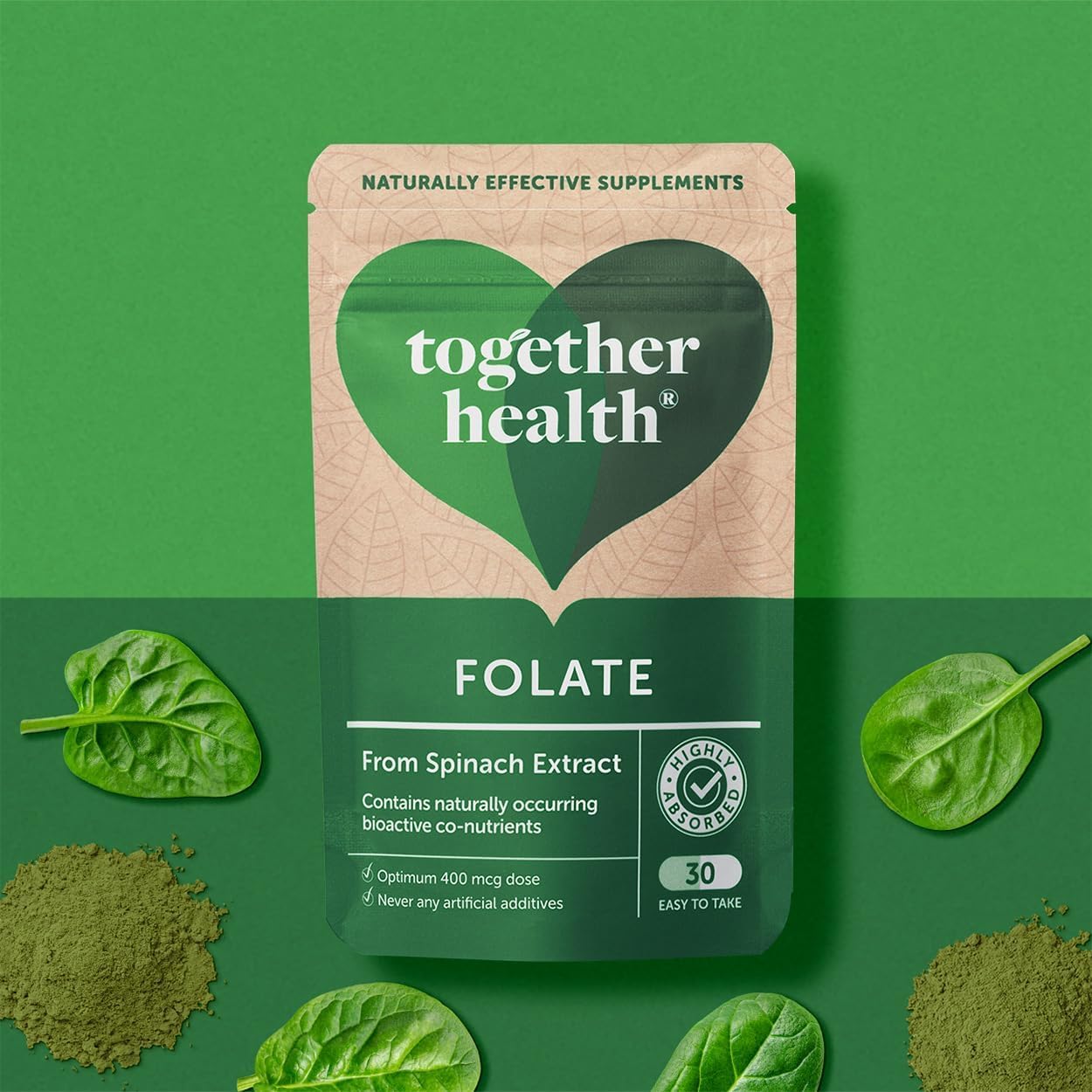Folate from Spinach | Natural Alternative to Folic Acid | 400 mcg | 5-MTHF Form | Vegan | Made in The UK | 30 Capsules | Together Health