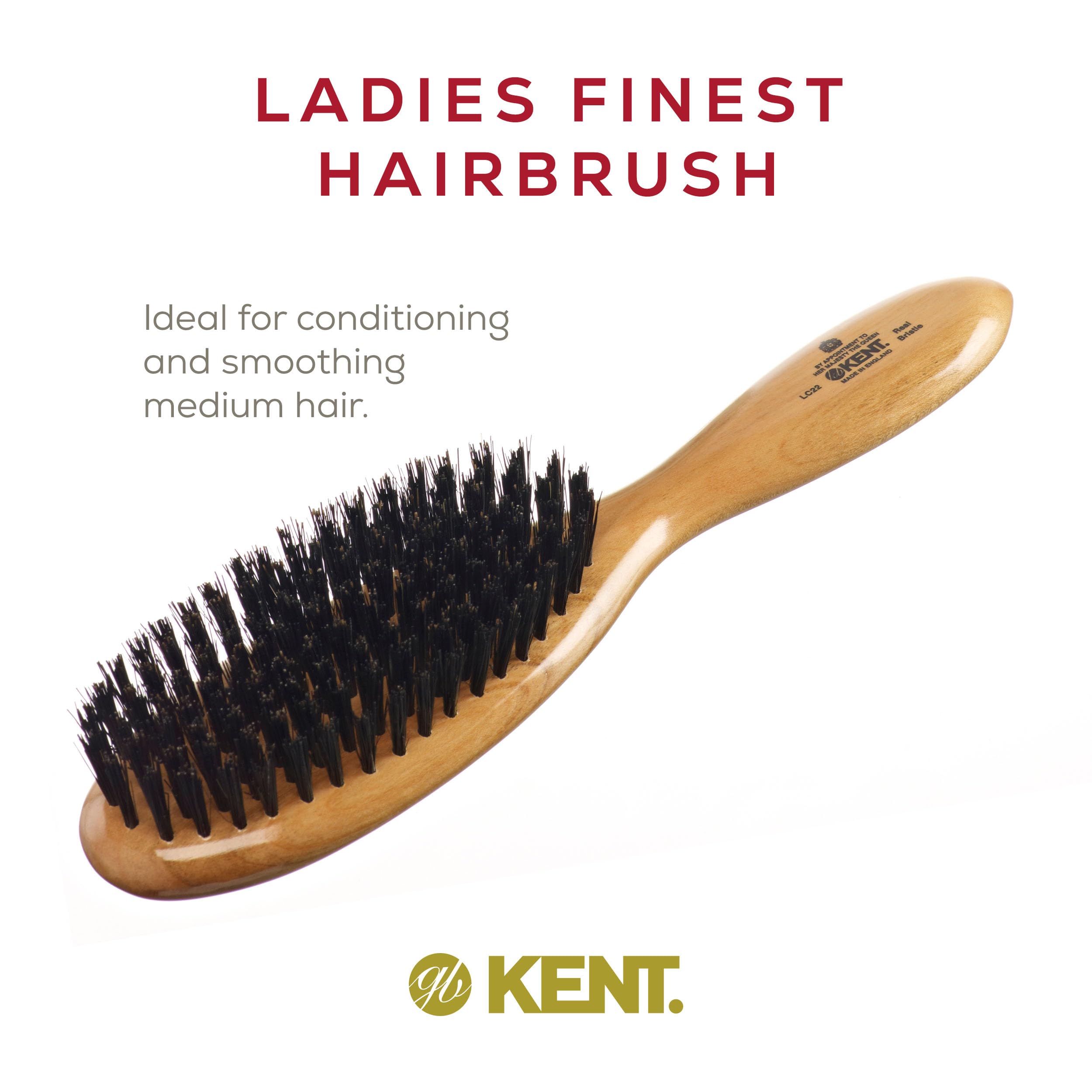 Kent LC22 Finest Hair Brushes for Women Detangler Dry Brush Made of Cherrywood - Boar Bristle Oval Hairbrush for Medium to Thick Hair All Lengths - Salon Style Straightening Pure Wood Brush from Kent