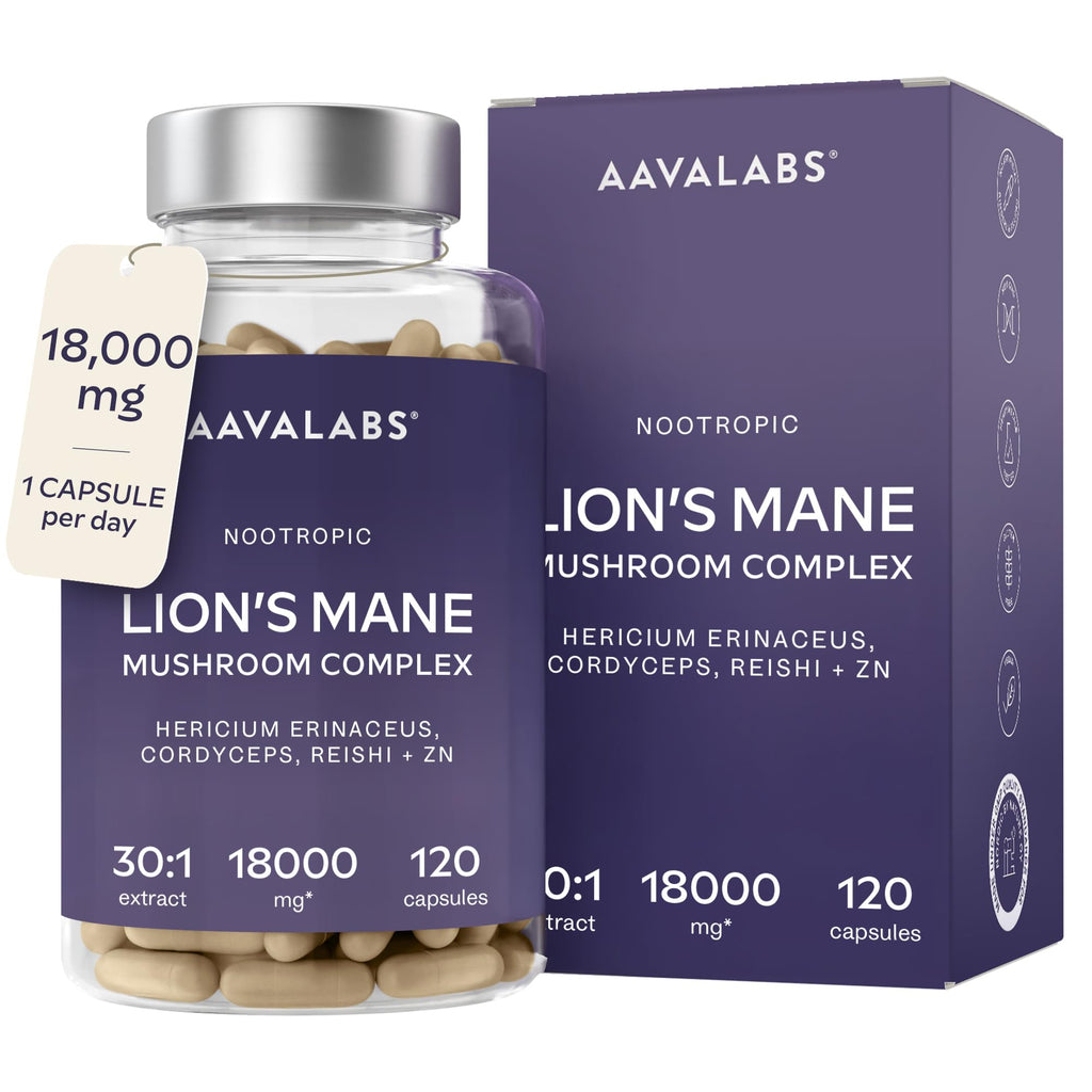 Lions Mane Supplement-18,000mg (30:1 Extract)+Zinc, Reishi & Cordyceps-3 Mushrooms Herbal supplements -Nootropic Complex Lion's Mane Mushroom Supplement-120 Lion's Mane Capsules(Not Lions Mane Powder)