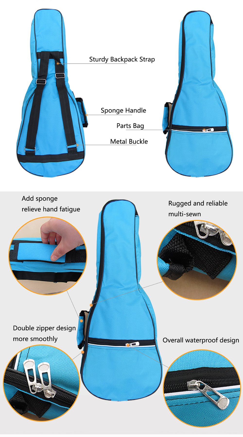 HOT Seal Waterproof Durable Colorful Ukulele Cotton Case Bag with Storage (21in, Green)