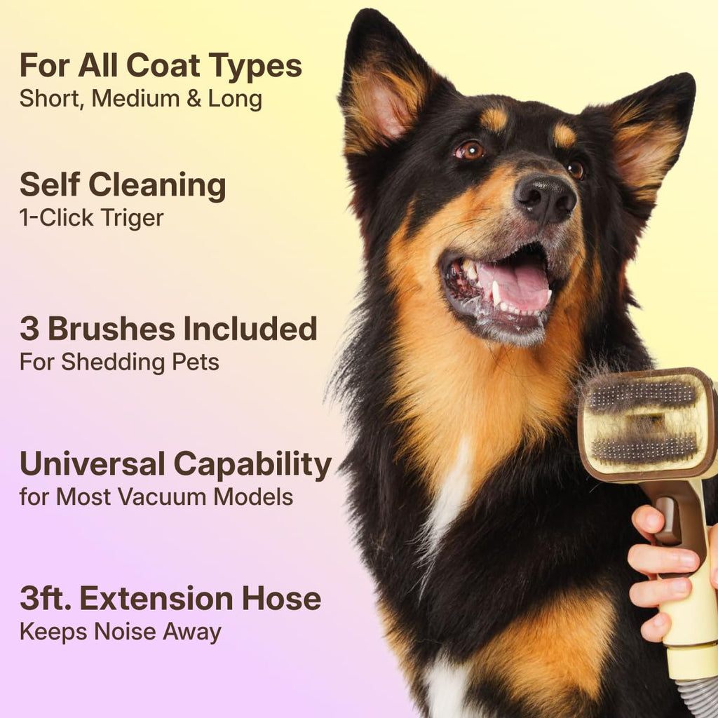 GROOMI Vacuum Pet Brush Kit – 3‑in‑1 Dog & Cat Grooming Tool, Self‑Cleaning Deshedding Brush & Pet Hair Remover, Universal Vacuum Attachment Including Dyson, Short, Medium & Long Fur, All Breeds