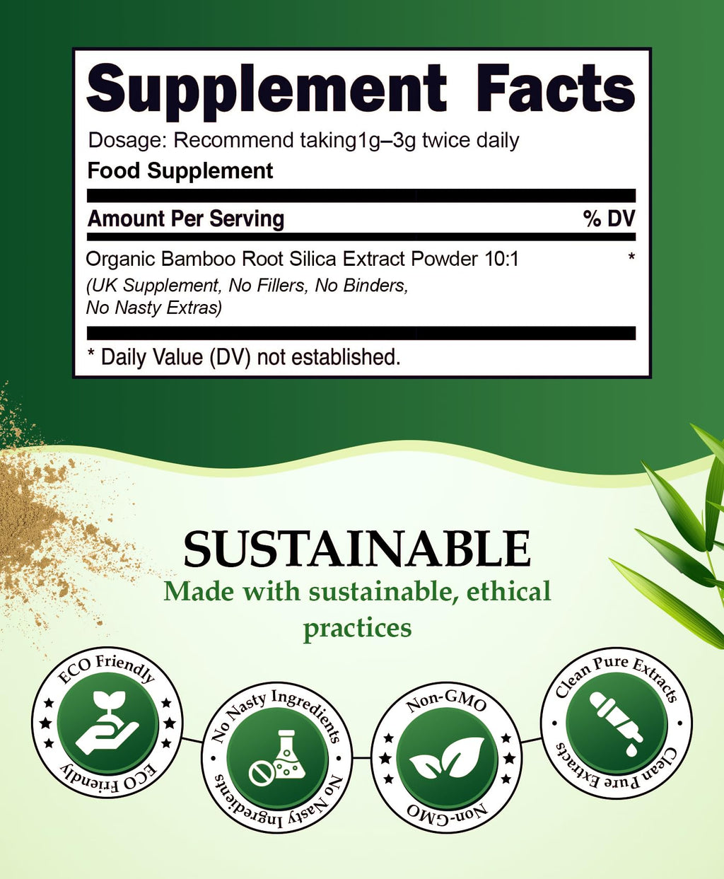 Organic Silica Extract 10:1| High Strength Naturally Sourced Silica Supplement | for Skin Health and Mobility | Vegan Capsules | from Bamboo Extract | UK Made (100G)