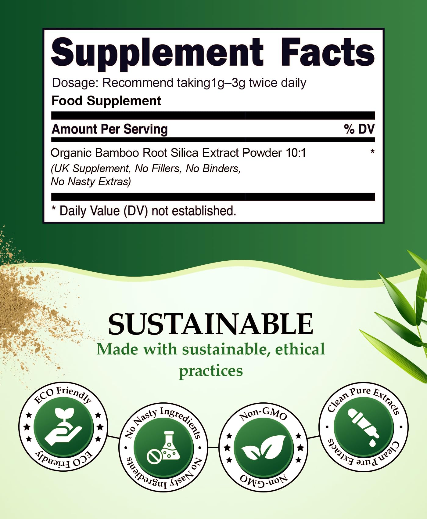 Organic Silica Extract 10:1| High Strength Naturally Sourced Silica Supplement | for Skin Health and Mobility | Vegan Capsules | from Bamboo Extract | UK Made (100G)