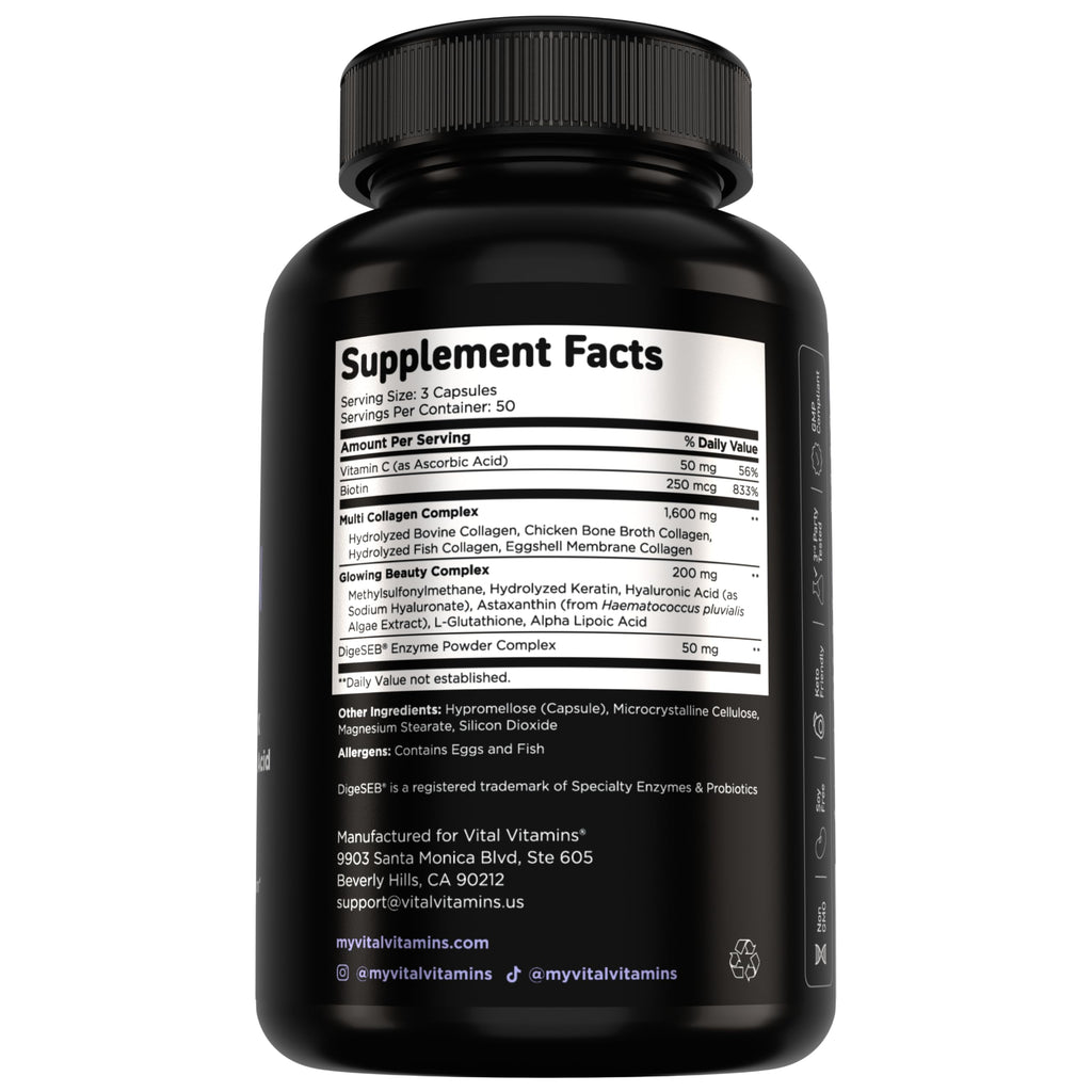 Vital Vitamins Multi Collagen Complex Plus - with Biotin, Hyaluronic Acid, Vitamin C - Type I, II, III, V, X - for Women & Men - Hair, Skin, Nails Beauty Complex - 150 Capsules