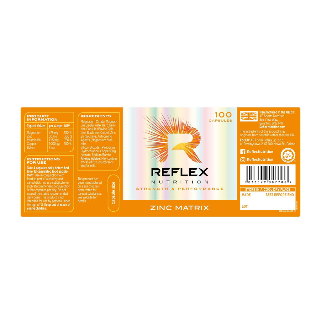 Reflex Nutrition Zinc Matrix - Magnesium, Zinc, Vitamin B6, Boron & Copper Supplement - Fatigue and Tiredness Supplements - Normal Muscle Function - Support Metabolism and Immune System (100 Capsules)