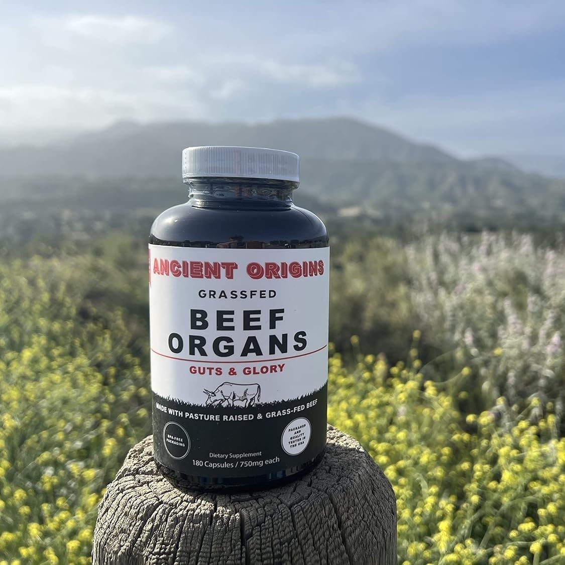 Ancient Origins Grass Fed Beef Organs Supplement 4500 mg - Desiccated Liver, Bone Marrow, Heart, Spleen, Pancreas & Kidney, Non-GMO, Gluten Free, Undefatted (180 Capsules, 750mg Each)