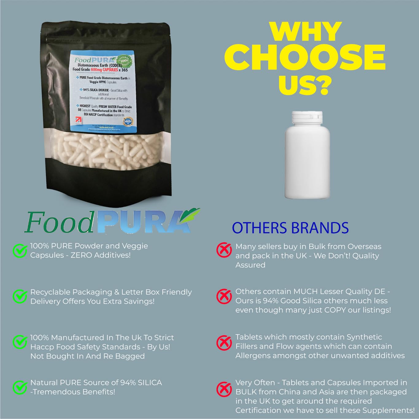 FoodPURA 365 X Food Grade Diatomaceous Earth Capsules (Codex) Pure White 94% Silica Fresh Water Sourced 600mg - Capsules, The SAFEST Way to take Supplements!