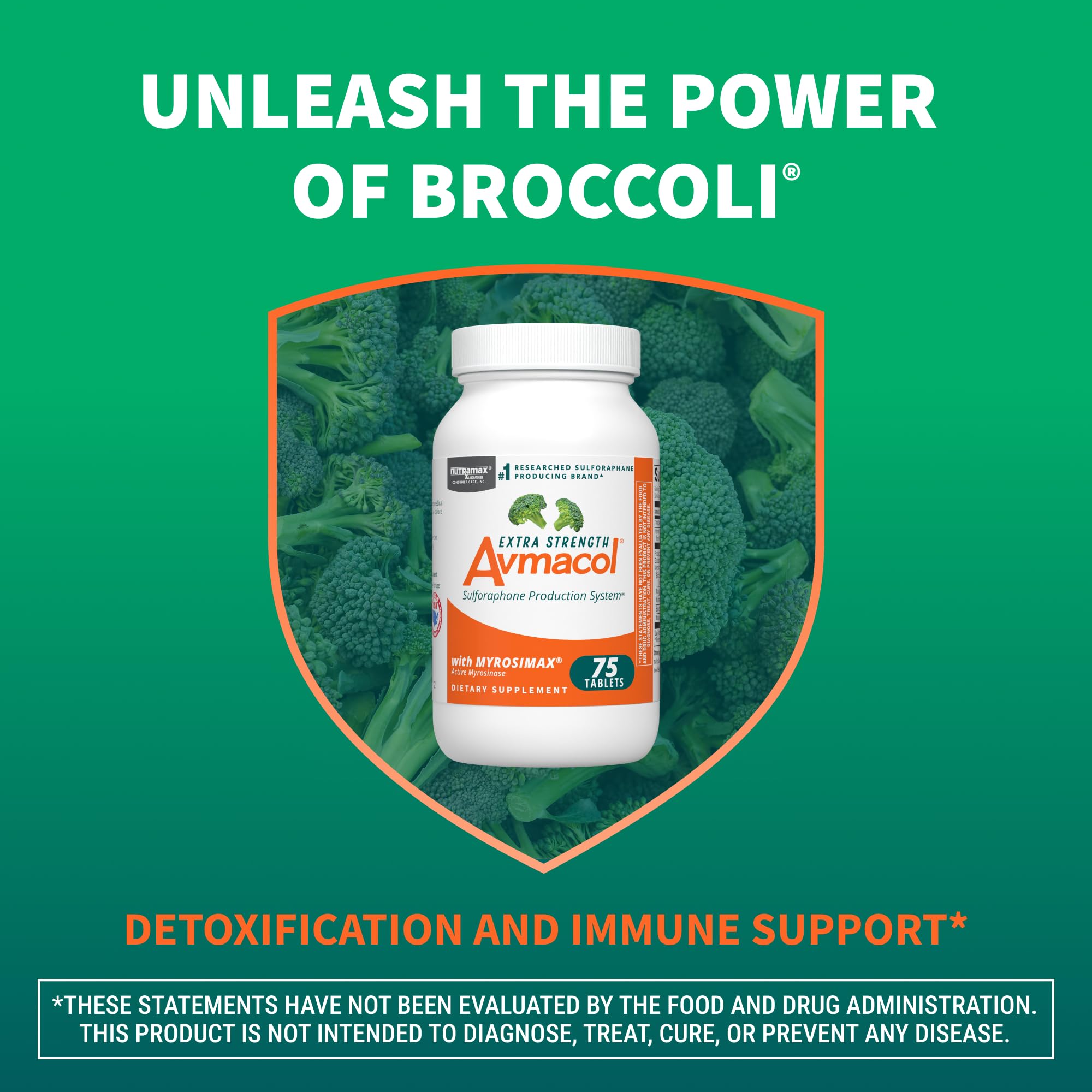 Nutramax Laboratories Avmacol Extra Strength #1 Researched Sulforaphane-Producing Brand for Detoxification with Glucoraphanin and Active Myrosinase, Immune Health, Adults & Children, 75 Tablets