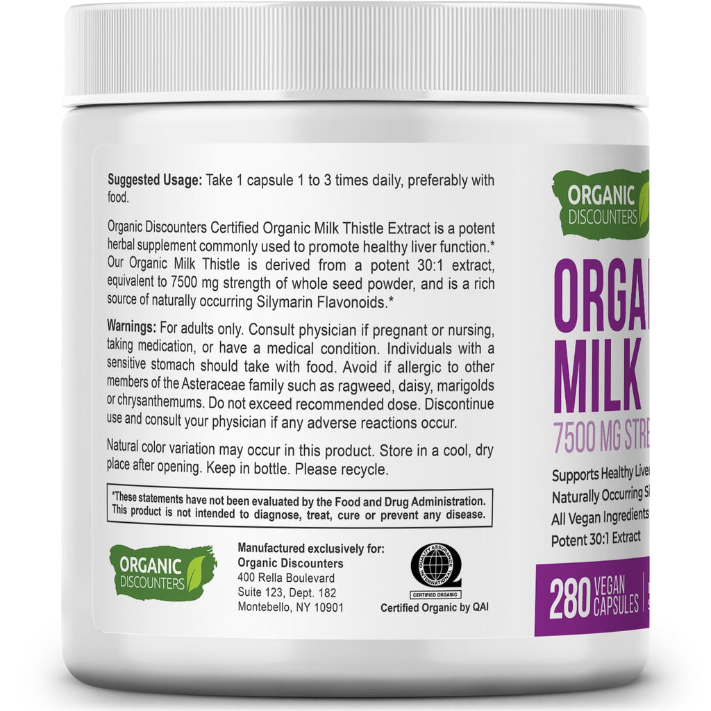 Organic Discounters USDA Organic Milk Thistle 30:1 Extract Capsules, 280 Vegan Capsules, Rich in Silymarin Flavonoids, Liver Cleanse and Liver Detox Support, Standardized 30X Extract, Made in the USA