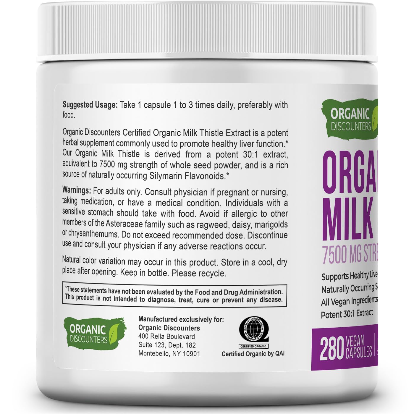 Organic Discounters USDA Organic Milk Thistle 30:1 Extract Capsules, 280 Vegan Capsules, Rich in Silymarin Flavonoids, Liver Cleanse and Liver Detox Support, Standardized 30X Extract, Made in the USA