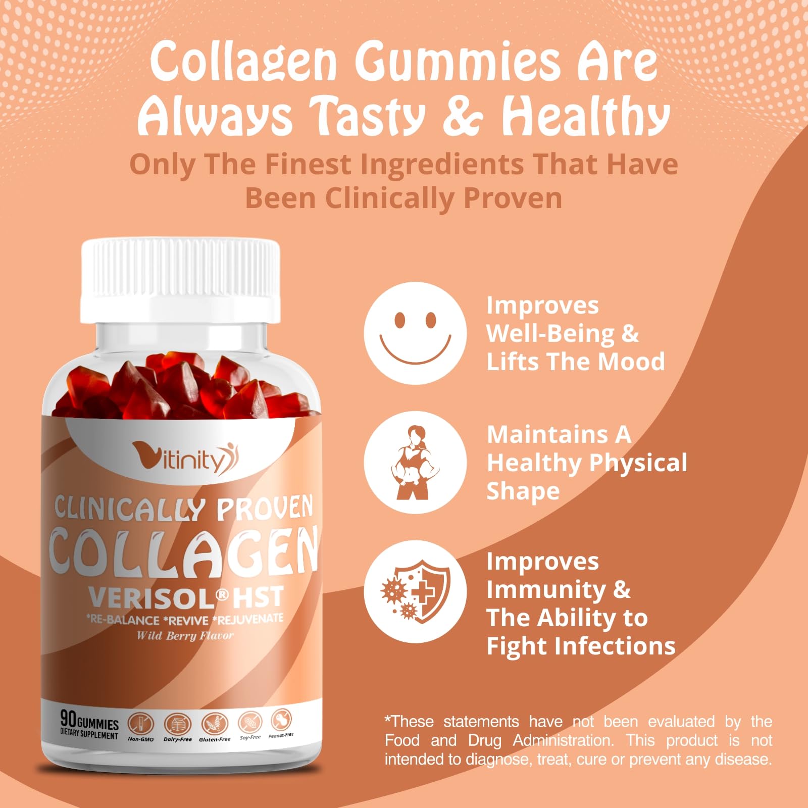 VITINITY VERISOL® HST+HA+VIT C Collagen Hard Chewy Gummies Clinically Proven Beauty.Firmer,Smoother Skin,Fewer Wrinkles,Reduced Cellulite.True Beauty from Within.The Look-Good Feel-Good -30 Day Supply